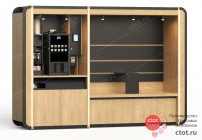 Кофе-модуль с местом под диспенсер авт. выдачи стак. и лаунж-зоной и LED-подсветкой 3024х2092х720 мм
